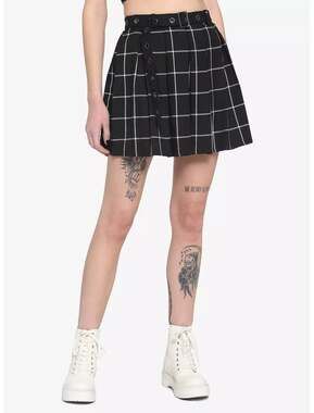 Hot Topic Plaid Pleated Mini Skirt Women XS Black White Grommet Belt Grunge Goth